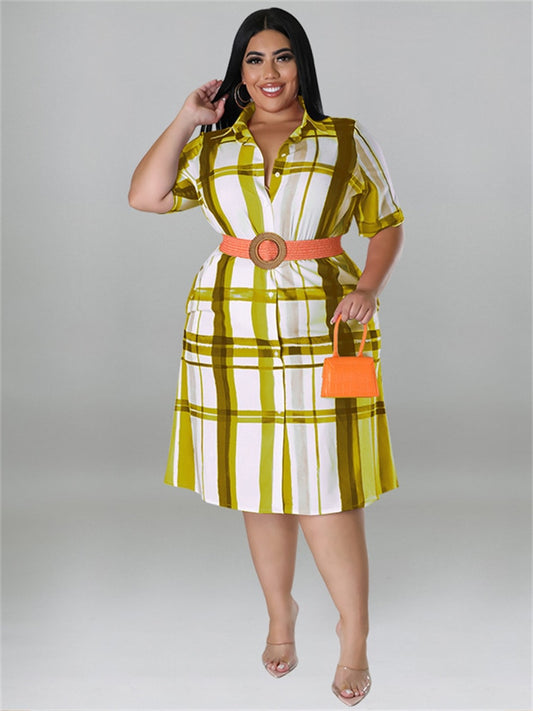 Plaid Turn-Down Collar Short Sleeve Button Midi Shirt Dress w/Belt to 5X Plus Size