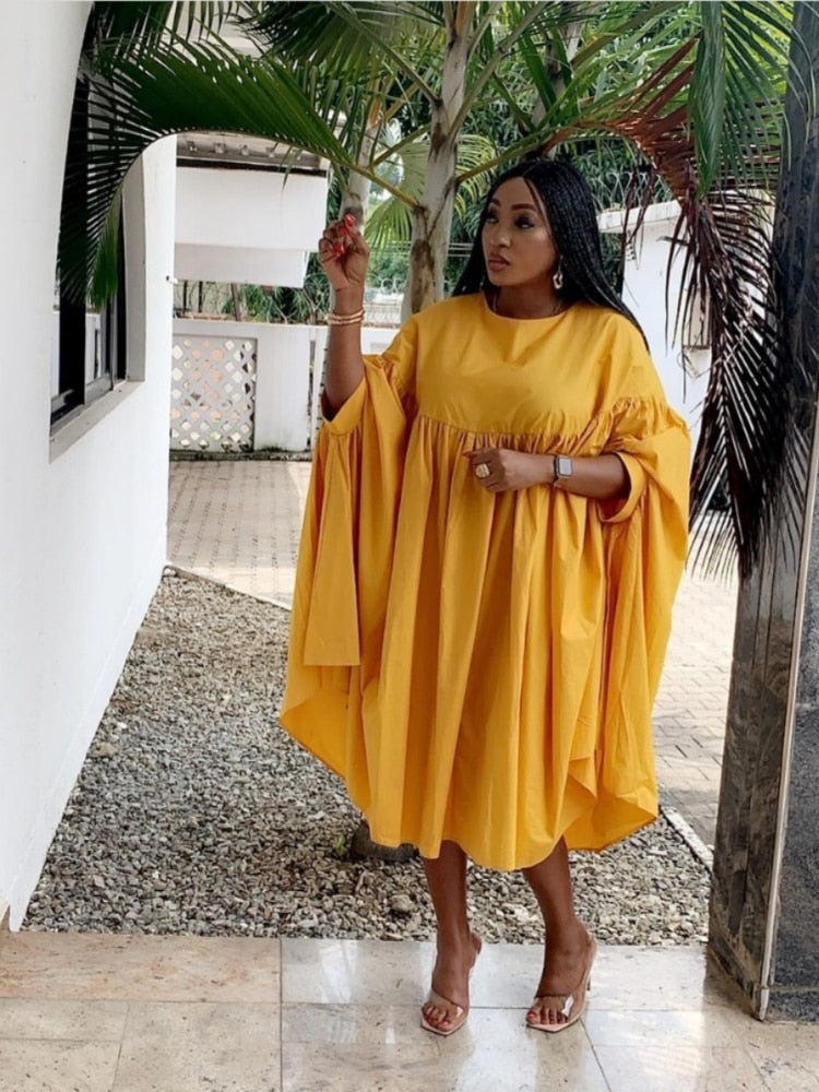 Solid Oversized Loose Long Sleeve O-Neck Pleated Baggy Robe Dress-ONE SIZE