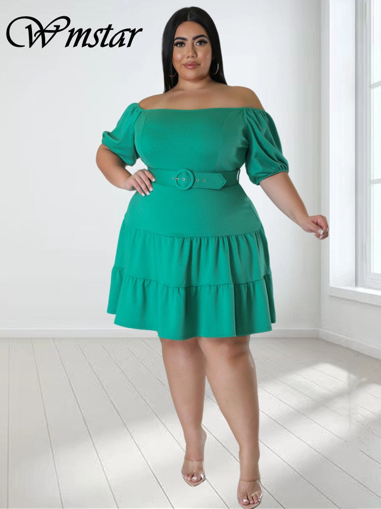 Ruffled Hem Solid Color Off-the-Shoulder Midi Dress w/ Belt to 5X Plus Size
