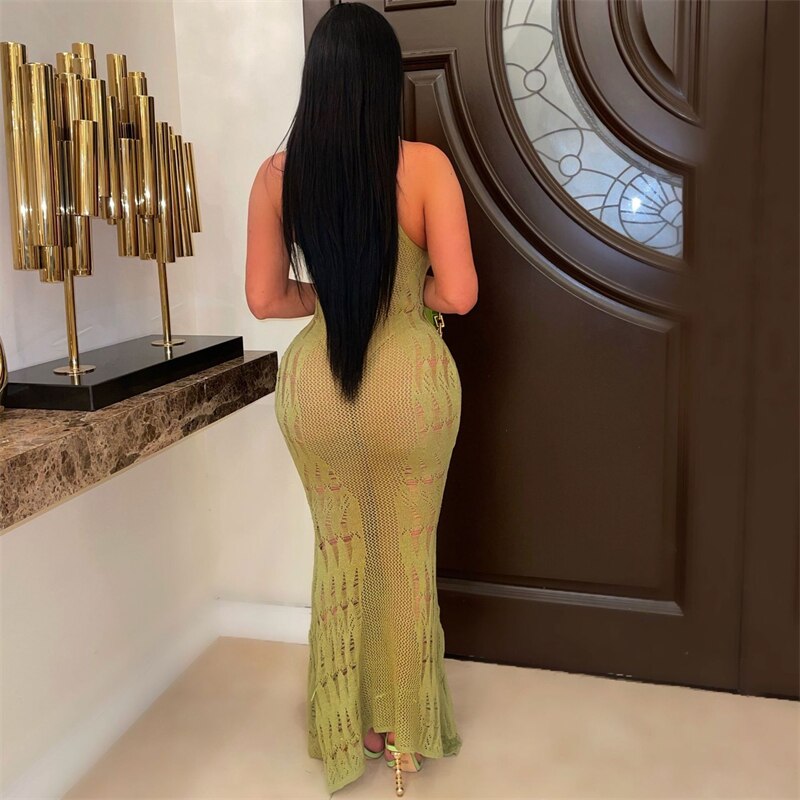 Handmade Crochet Knitted Hollow-Out Sleeveless Solid Color Maxi Beach Swimsuit Cover-Up Dress