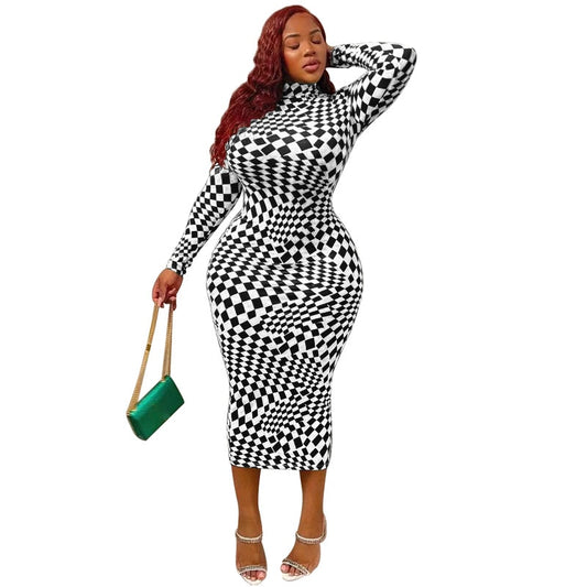 Plaid Checker Print Bodycon Long Sleeve Maxi Dress to 5X Plus Size