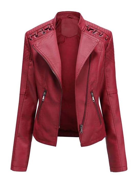 Faux Leather Solid Color Lace-Up Zipper Detail Women's Zipper Slim Biker Motorcycle Jacket to 4X Plus Size