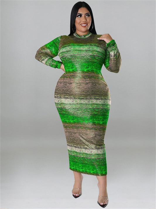 Striped Colorblock O-Neck Bodycon Long Sleeve Maxi Dress w/ Belt Plus to 5X Plus Size