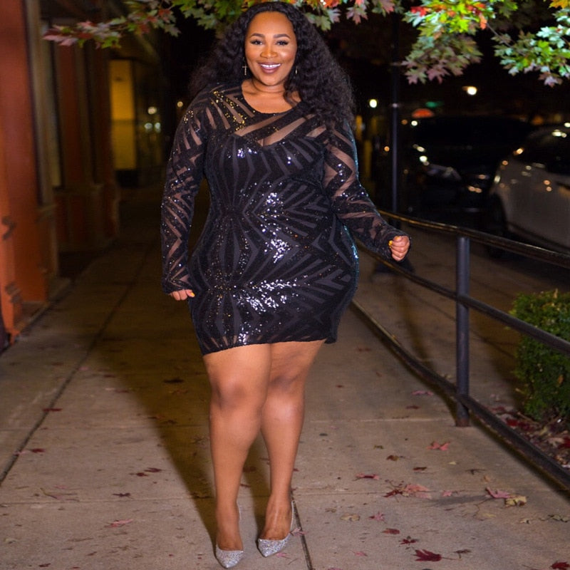 Sequin Mesh Patchwork Long Sleeve Bodycon Formal Mini Dress 5X Plus Size