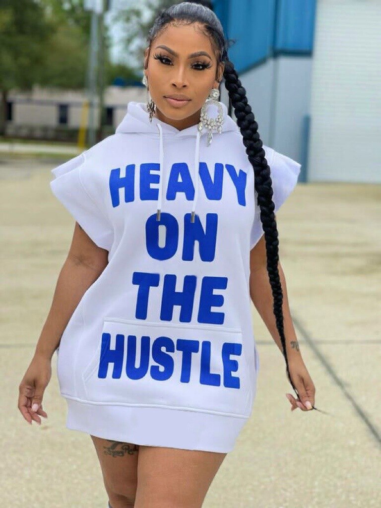 "Heavy On The Hustle" Drawstring Flared Short Sleeve Hoodie Sweatshirt Mini Dress
