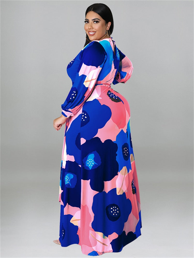 Rainbow Big Flower Print Big Hem Long Sleeve Maxi Dress to 5X Plus Size