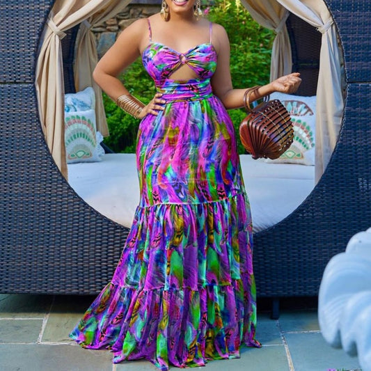 Floral Ruffled Hem Multi-Colored Print Halter Hollow-Out African Maxi Dress to 5X Plus Size