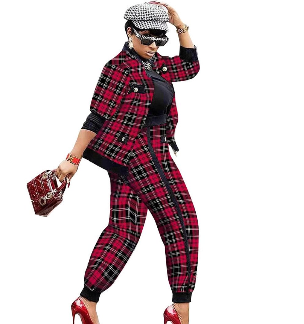 Houndstooth/Plaid/Colorblock/Geometric Faux Denim Printed Long Sleeve Stand Collar Zipper Jacket Coat + Pants 2-Piece Set to 3X Plus Size