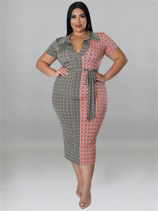Plaid Colorblock Turn-Down Collar Patchwork Short Sleeve Bodycon Stretch Maxi Dress w/ Sash Belt to 5X Plus Size