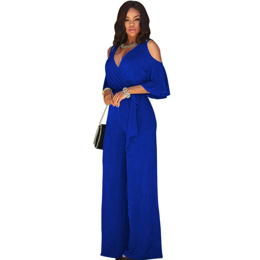 Bandage Cut-Out Shoulder V-Neck Wide Leg Long Sleeve Solid Color Jumpsuit