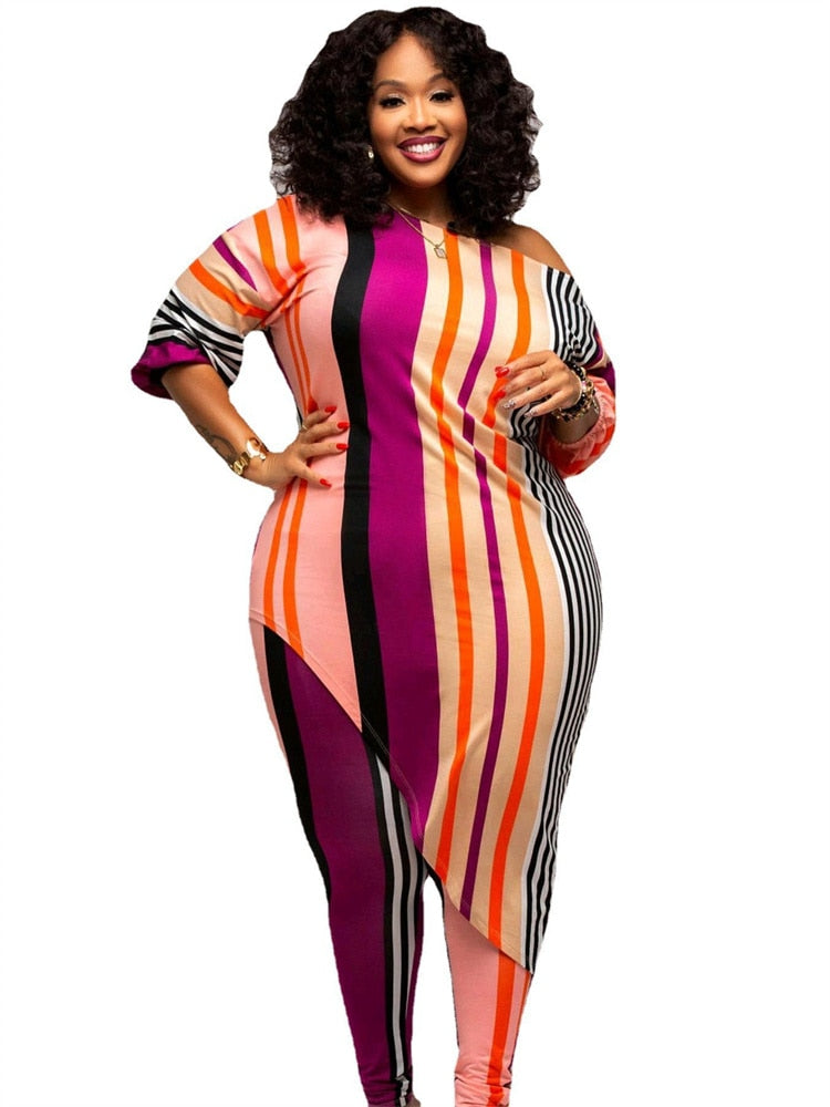 Striped Colorblock O-Neck Irregular Hem Long Sleeve Maxi Blouse + Leggings 2-Piece Set to 5X Plus Size
