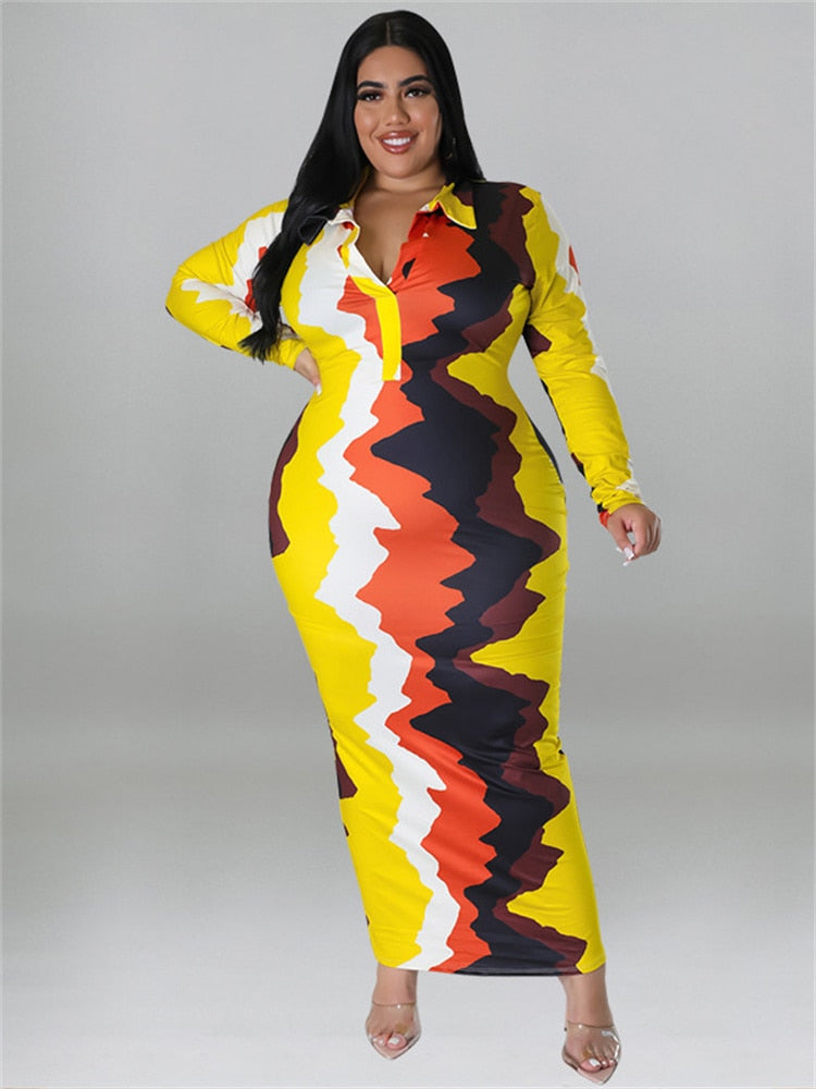 Tie-Dye Geometric Colorblock Turn-Down Collar Long Sleeve V-Neck Maxi Shirt Dress to 5X Plus Size