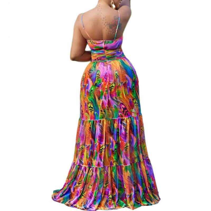 Floral Ruffled Hem Multi-Colored Print Halter Hollow-Out African Maxi Dress to 5X Plus Size