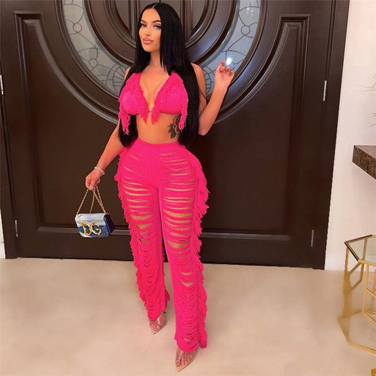 Tassel Fringe Detail Cut-Out Knit Bra & Ripped Hollow-Out Leggings Women's 2-Piece Set