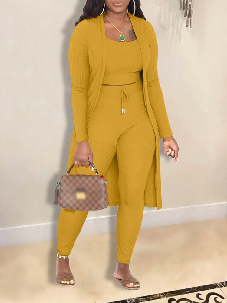 3-Piece Set: Abstract/Houndstooth/Plaid/Geometric/Solid Printed Crop Cami Tank Top, Maxi Cardigan Sweater + Pants