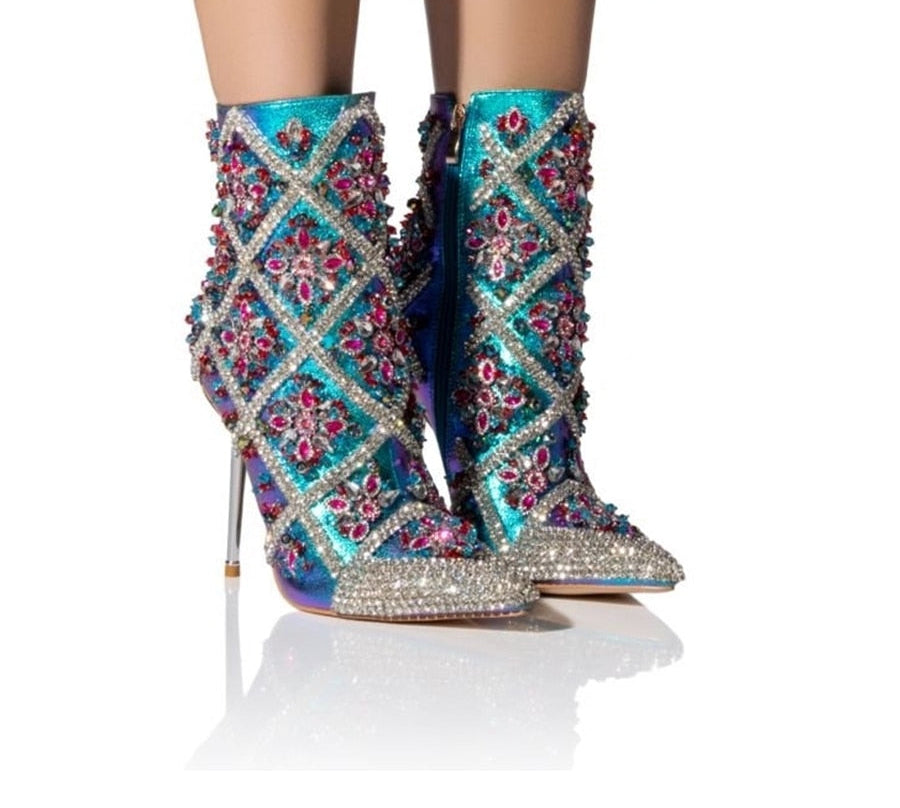 Floral Crystal Rhinestone Embellished Women's Stiletto Heel Pointed Toe Ankle Boots