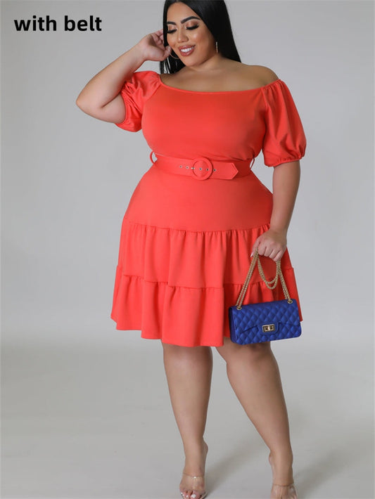 Ruffled Hem Solid Color Off-the-Shoulder Midi Dress w/ Belt to 5X Plus Size