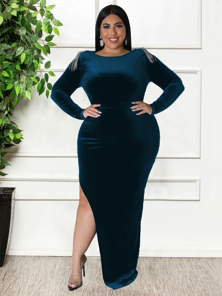 Velvet Rhinestone Tassel Design High Slit Hollow-Out Formal Maxi Dress to 5X Plus Size