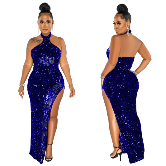 Glitter Sequined Sheer Mesh Halter Backless High Split Evening Maxi Party Dress