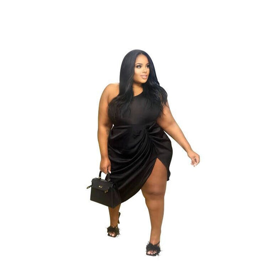 One Shoulder Solid Asymmetrical Ruched High Side Slit Mini Dress to 5X Plus Size