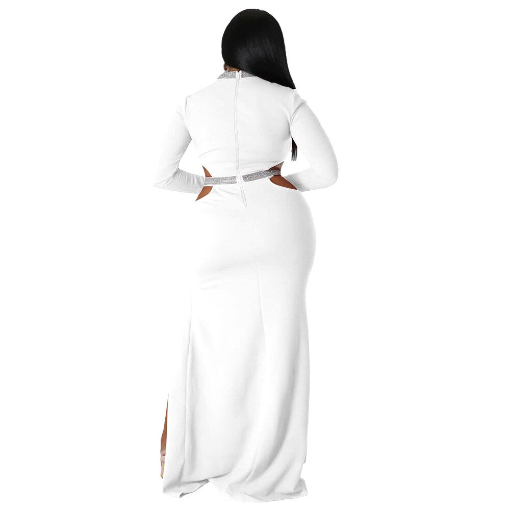 Silver Sash Design Holllow-Out O-Neck Long Sleeve High Side Slit Maxi Party Dress to 4X Plus Size