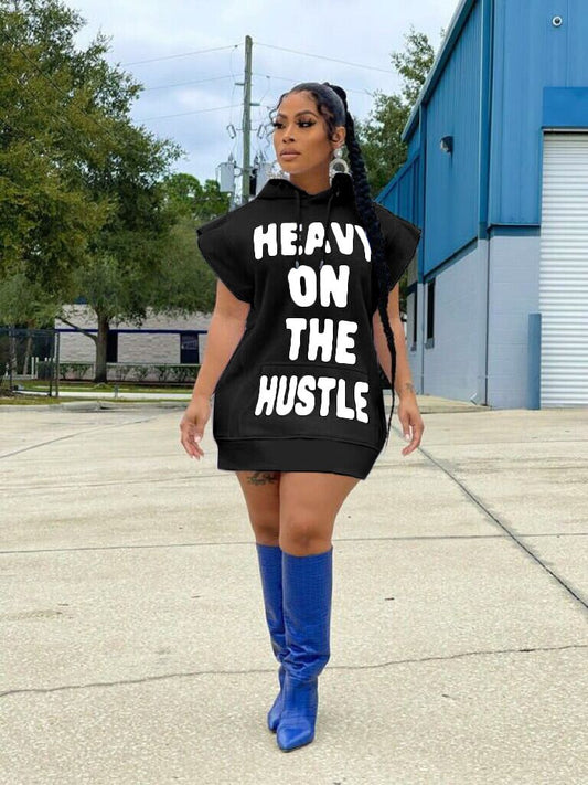 "Heavy On The Hustle" Drawstring Flared Short Sleeve Hoodie Sweatshirt Mini Dress