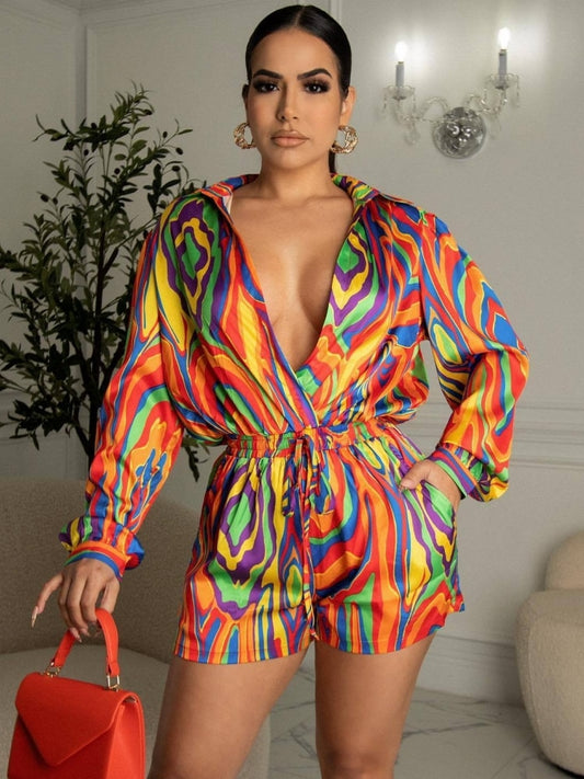 Rainbow Color Geometric Print Turn-Down Collar Deep Plunge V-Neck Print Long Sleeve Shorts Romper