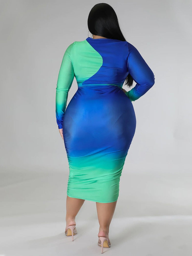 Colorblock Bodycon Strech Long Sleeve Patchwork Maxi Dress to 5X Plus Size