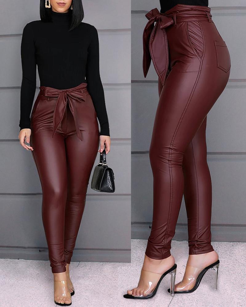 Faux Leather Bowknot Wrap Sash Belt Design Solid Color Women's Pants to 3X Plus Size