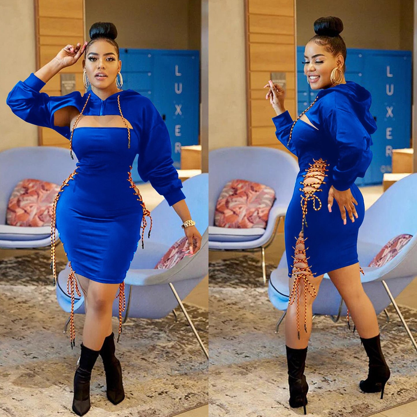 Lace-Up Solid Color Hollow-Out Bandage Puffed Long Sleeve Bodycon Hoodie Mini Dress