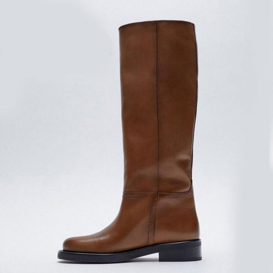 Flat Wide Calf Ladies Genuine Leather Knee High Riding Boots