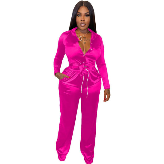 Satin Button Long Sleeve Lace-Up Blouse + Drawstring Pants 2-Piece Set