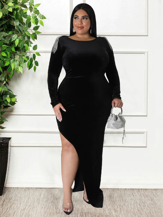 Velvet Rhinestone Tassel Design High Slit Hollow-Out Formal Maxi Dress to 5X Plus Size
