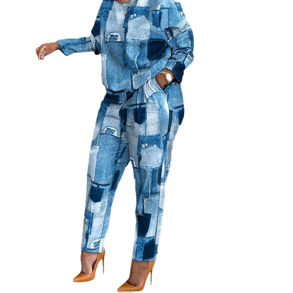 Geometric Colorblock Plus Ladies Faux Denim Printed 2-Piece Sets To 3X Plus Size