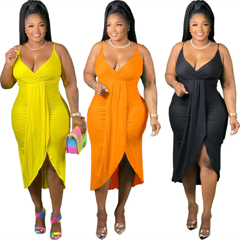 Wrapped Spaghetti Strap V-Neck Bodycon Stretch Sling Solid Color Midi Dress to 5X Plus Size
