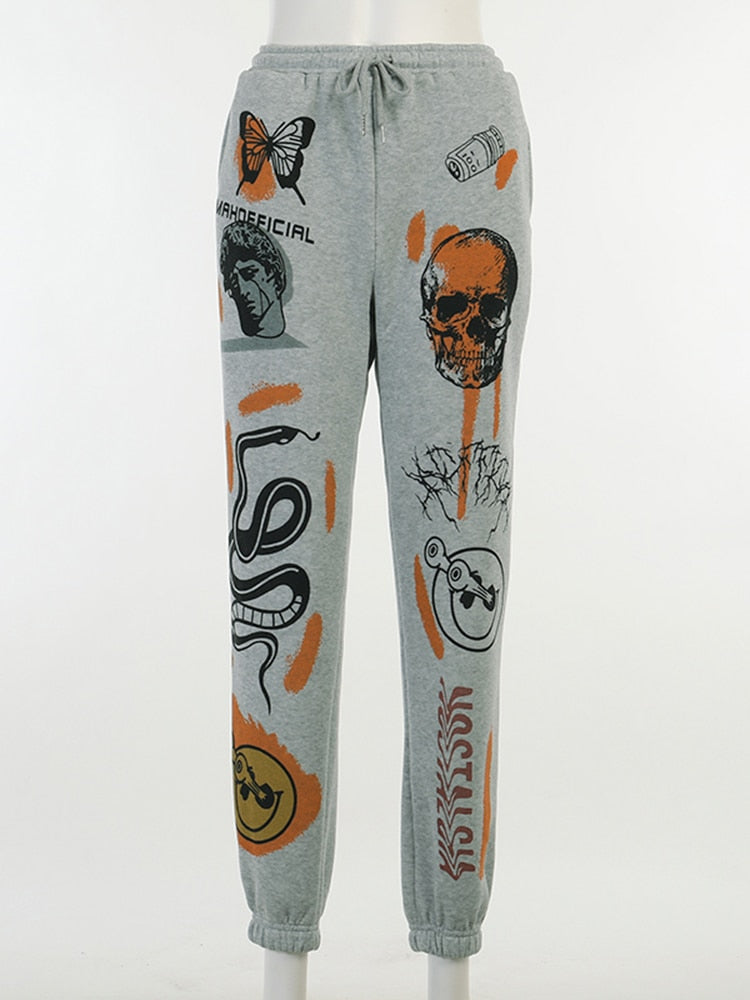 Butterfly Skull Snake Cartoon Print Drawstring Women's Cargo Jogger Sweatpants