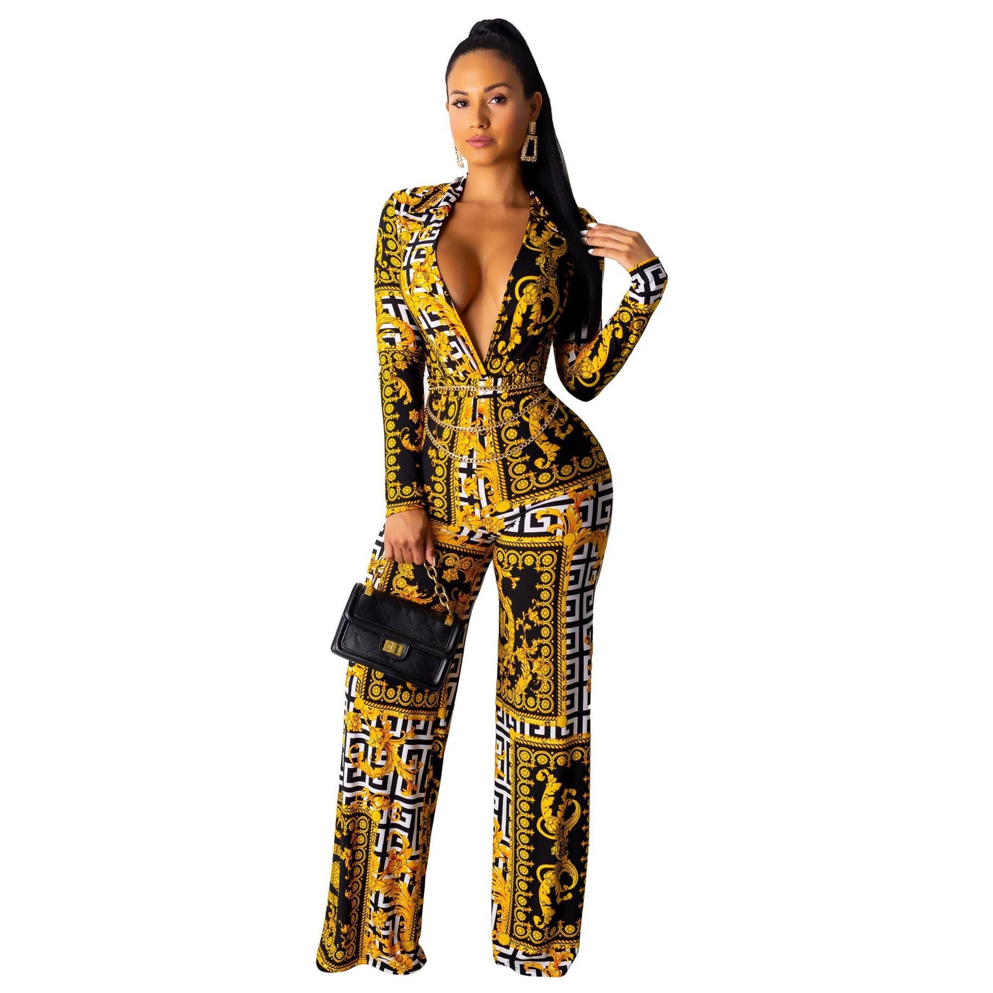 Designer Geometric Baroque Print Women's Long Sleeve Deep V-Neck Jumpsuit