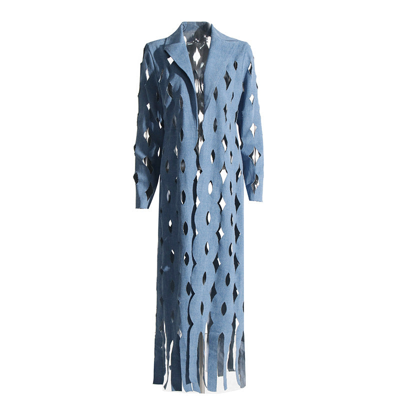 Denim Streetwear Hollow-out Twisted Tassel Fringe Detail Women's Jean Trenchcoat