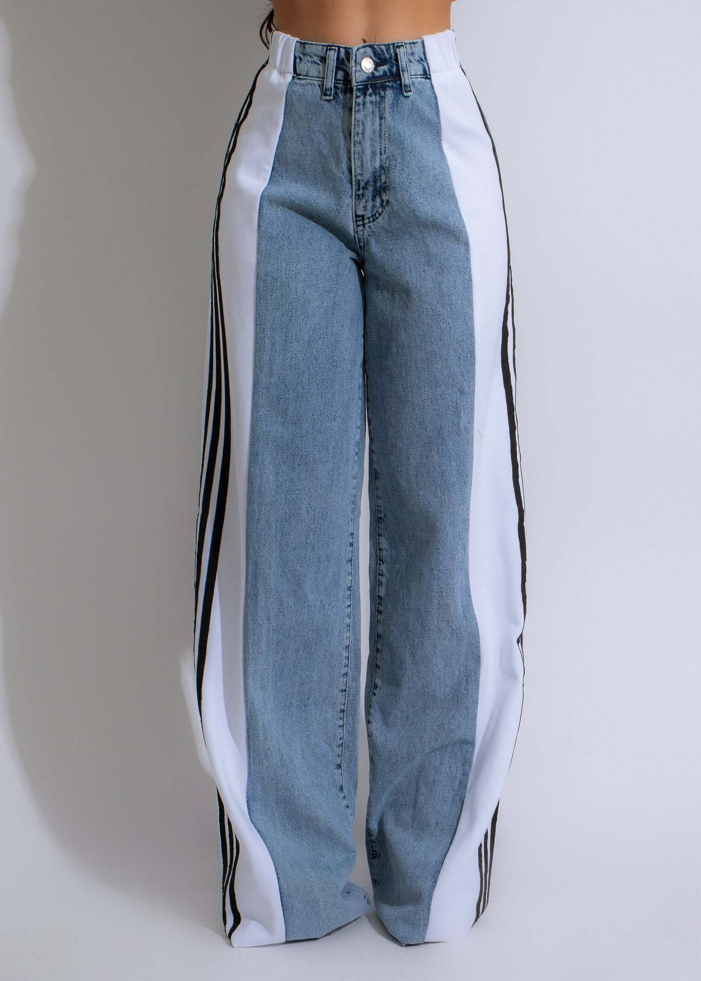 Side Striped Colorblock Denim Patchwork Wide Leg Streetwear Jeans