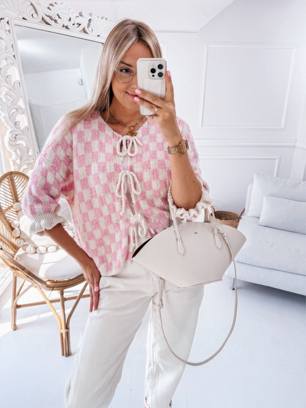 Plaid Checker Colorblock Print Bowknot Design Women's 1/2 Sleeve Sweater