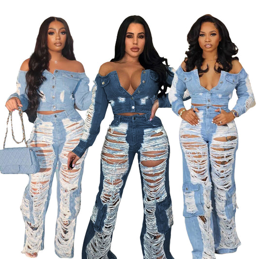 Denim Button-Up Double Pocket Crop Jean Shirt + Off-the-Shoulder Hollow-Out Ripped Fringe Cargo Jeans Women's 2-Piece Set