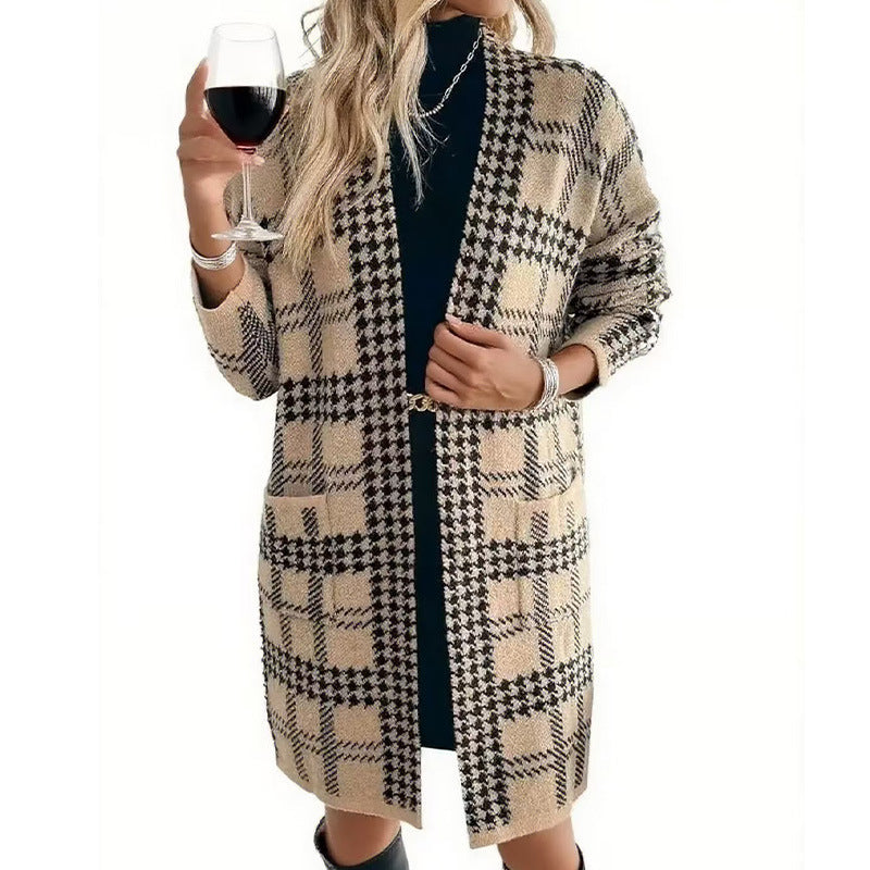 Plaid Houndstooth Print Knitted Pocketed Women's Long Sleeve Maxi Sweater