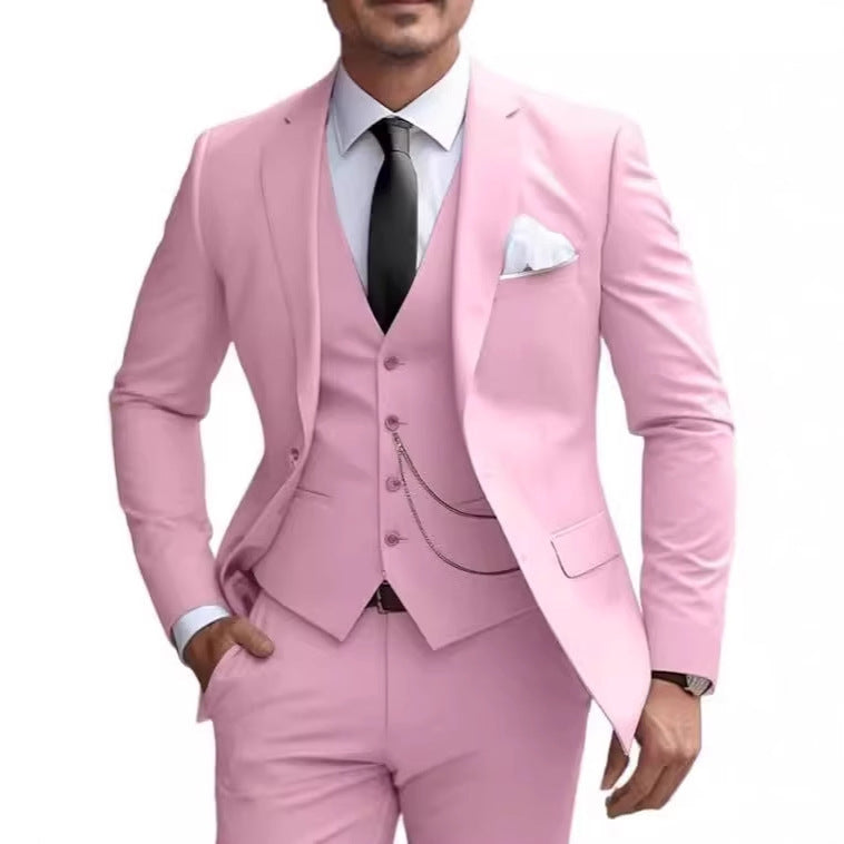 Men's Pocketed Solid Color Single Breasted Blazer w/ Button-Up Vest & Pants 3-Piece Formal Suit