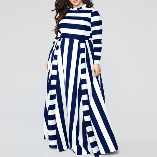 Striped O-Neck Long Sleeve Maxi Dress to 4X Plus Size
