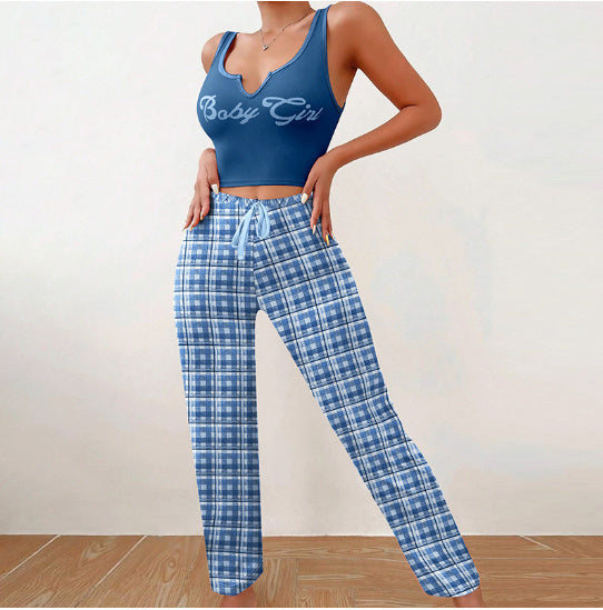 "Baby Girl" Print V-Neck Women's Tank Top + Plaid Drawstring Pants 2-Piece Set
