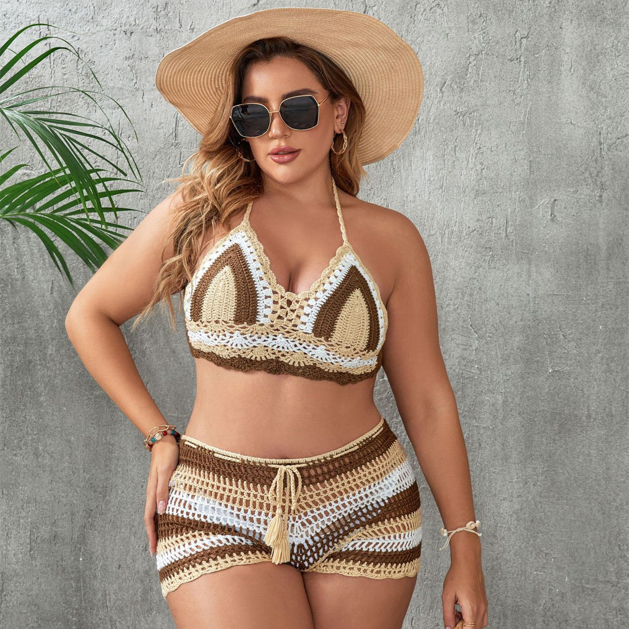 Crochet Knitted Striped Colorblock Hollow-Out 2-Piece Women's Bikini Swimsuit to 3X Plus Size