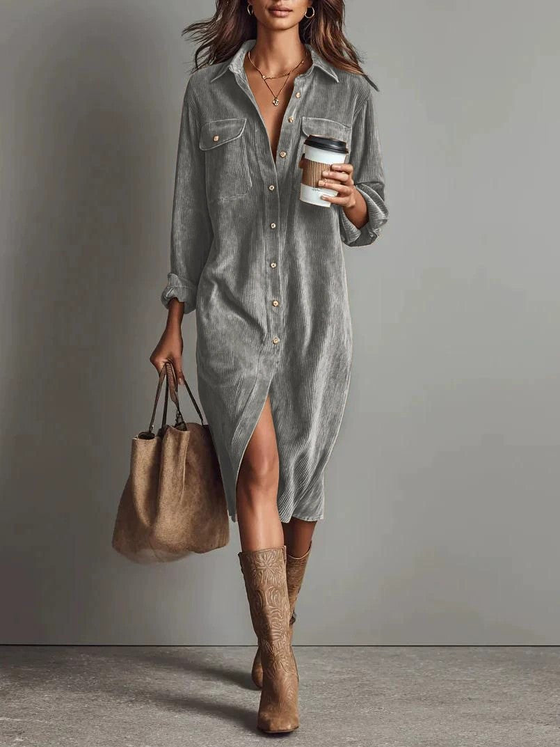 Double Pocket Design Turn-Down Collar Loose Button-Up Long Sleeve Office Midi Shirt Dress to 3X Plus Size