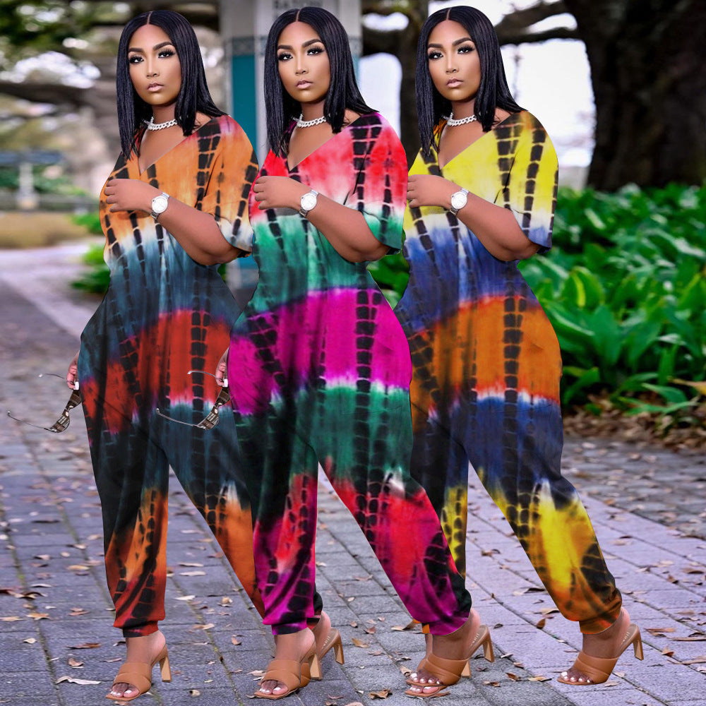Tie-Dye Colorblock Print Women's Short Sleeve Loose Jumpsuit