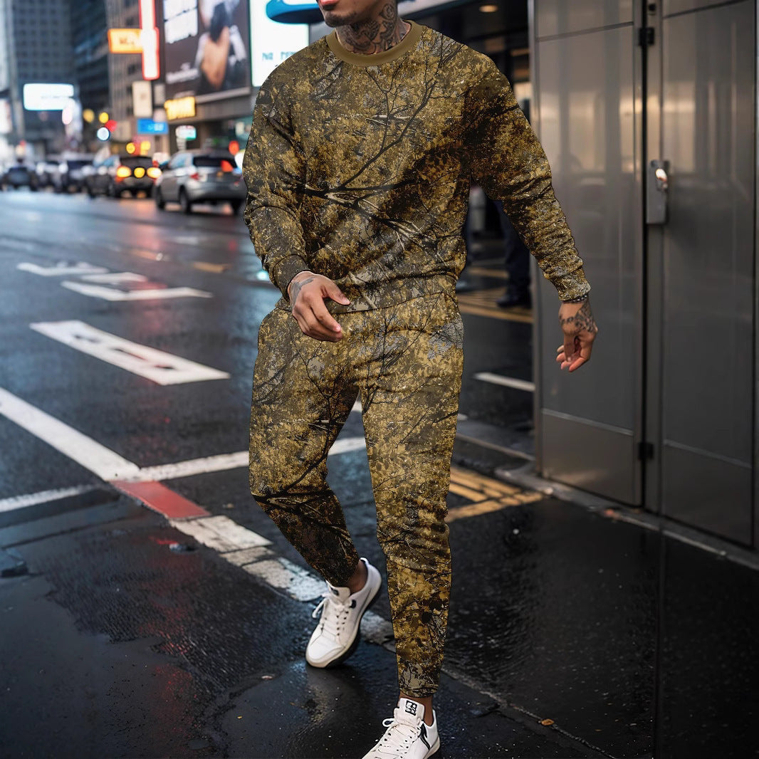 Men's Camo Geometric Fall Leaf Print O-Neck Long Sleeve Sweatshirt + Skinny Jogger Sweatpants Tracksuit to 6X Big & Tall