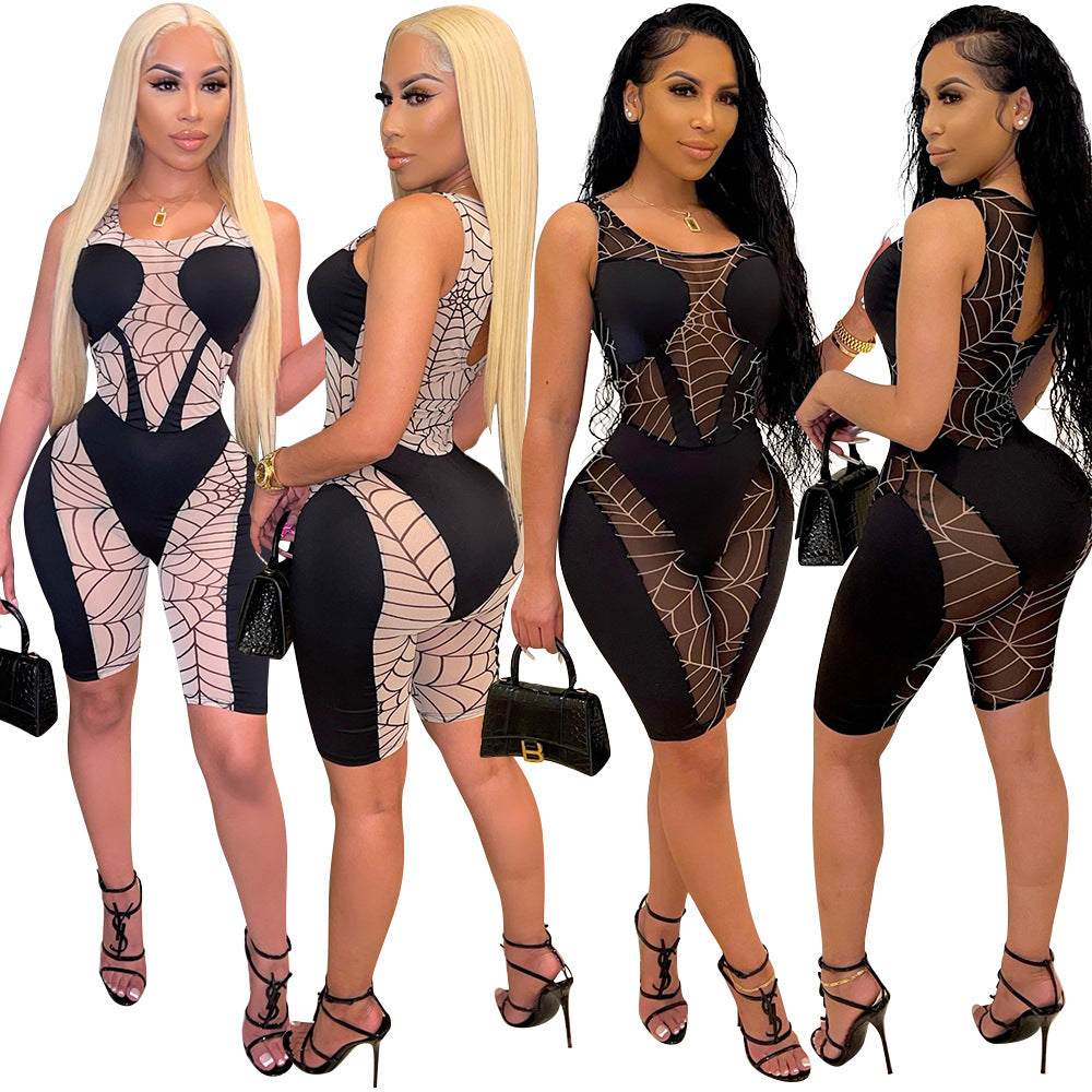 Sheer Transparent Stitched Sleeveless Women's Corset Top Shorts Romper